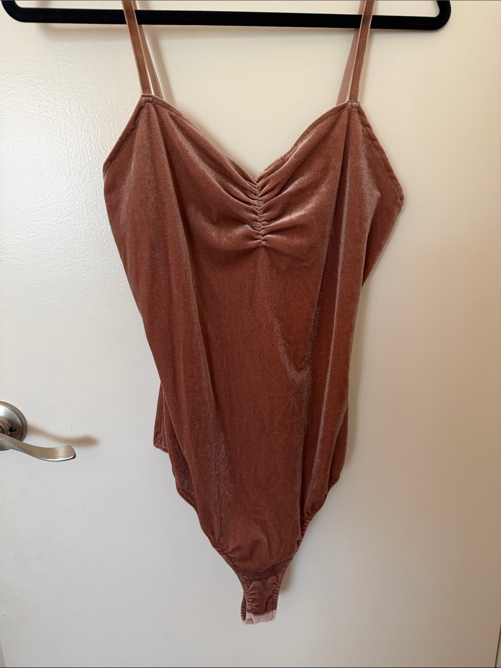 Velvet Ruched Spaghetti Strap Bodysuit - Brown